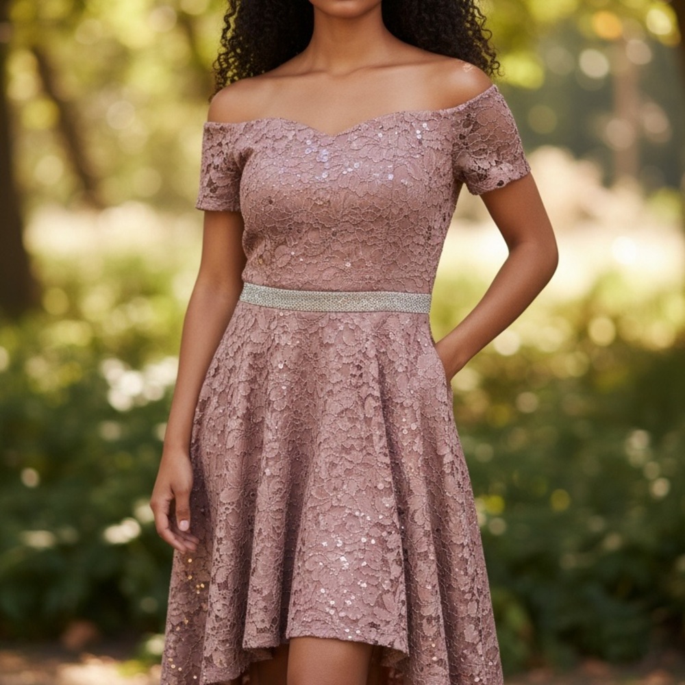 Scala Off-Shoulder Lace High Low Elegant Evening Dress in Dusty Rose Pink